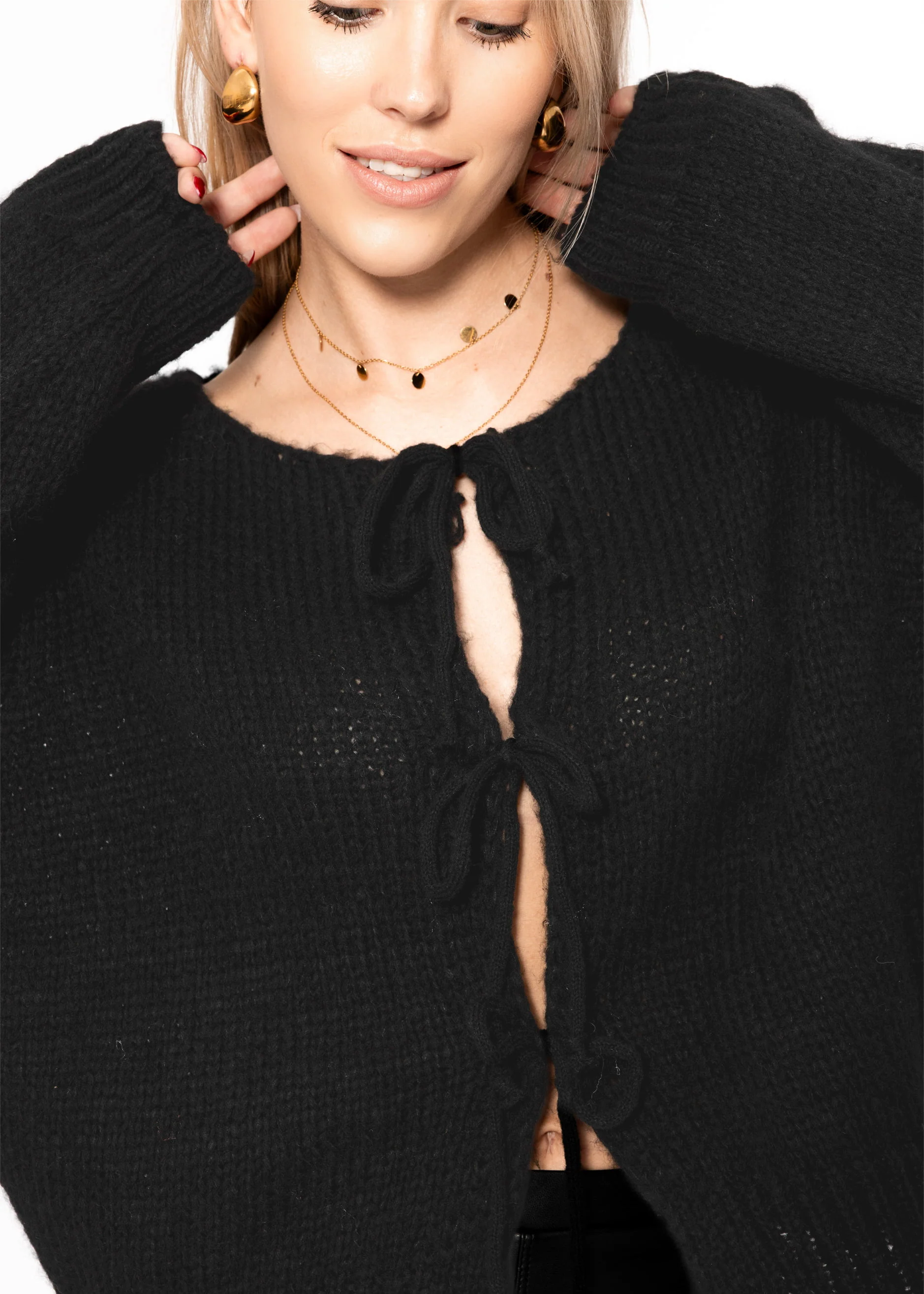 Cardigan with bow closure - black - Image 7