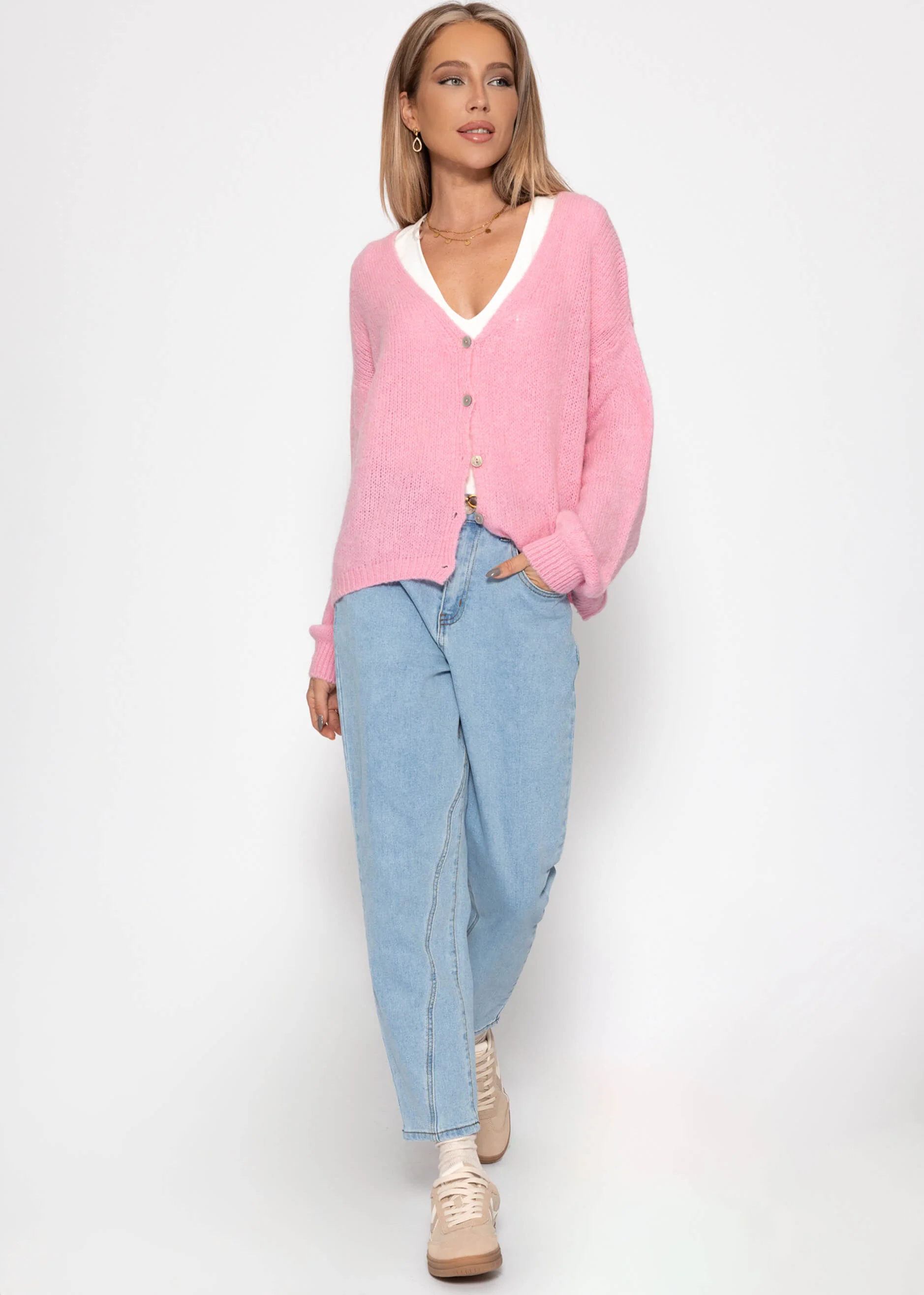 Cardigan with V -neck and button placket - pink - Image 3