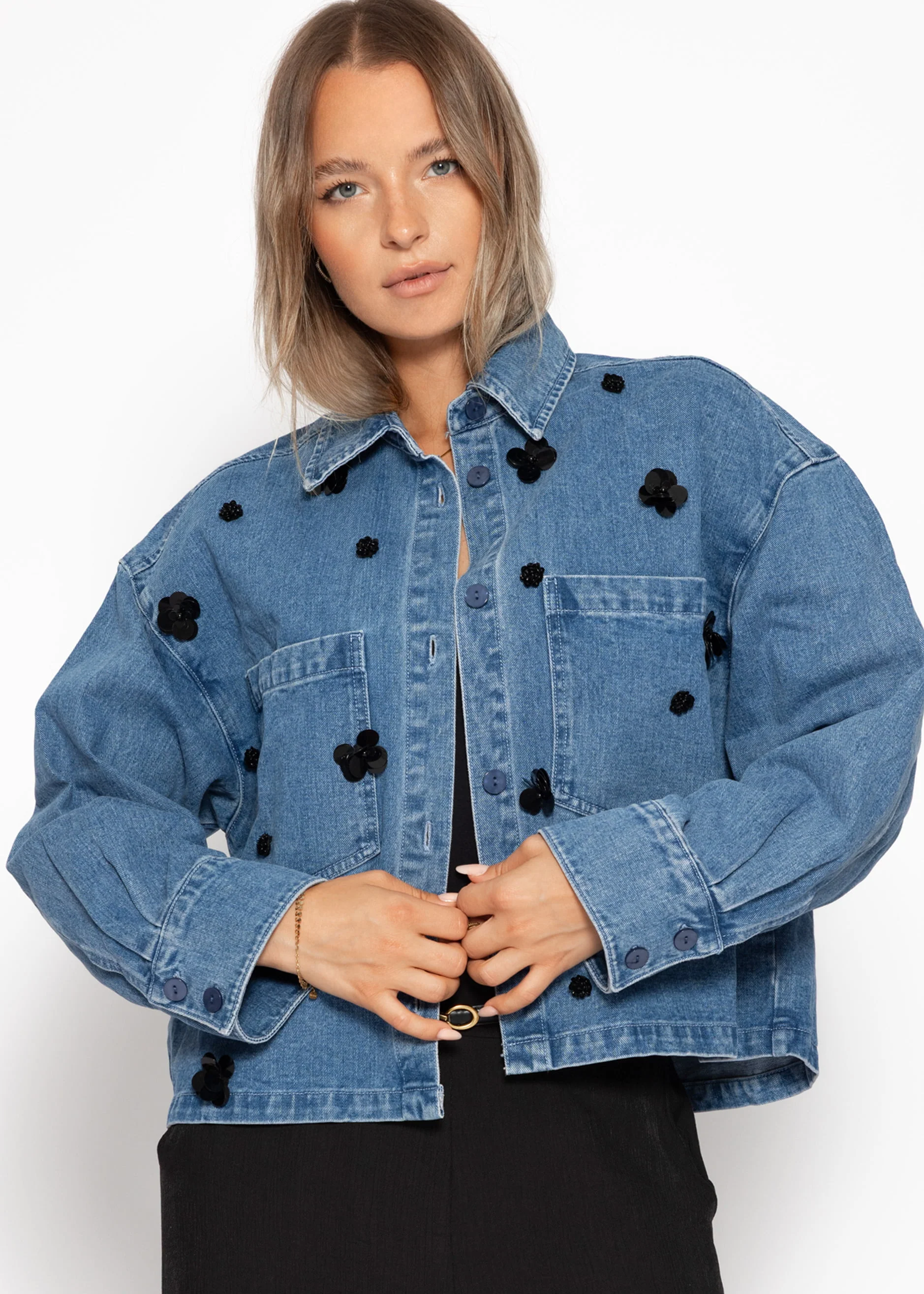 Denim jacket with floral appliqués - blue - Image 5