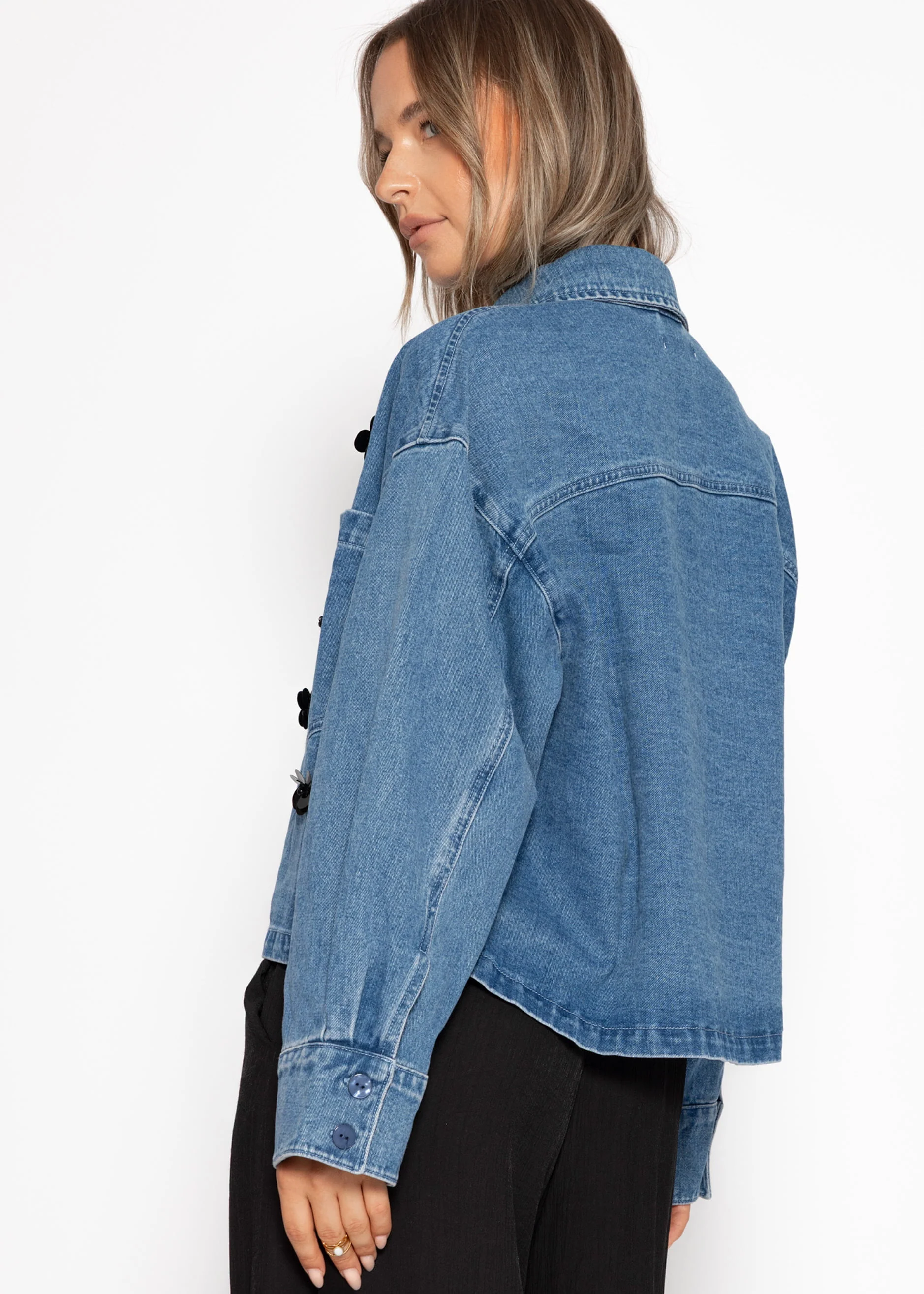 Denim jacket with floral appliqués - blue - Image 6