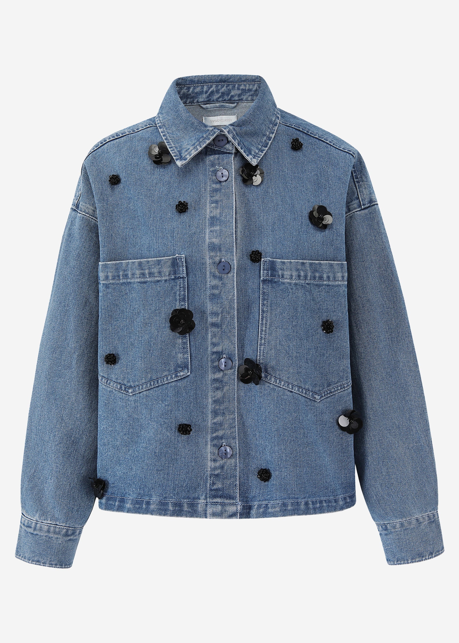Denim jacket with floral appliqués - blue - Image 8