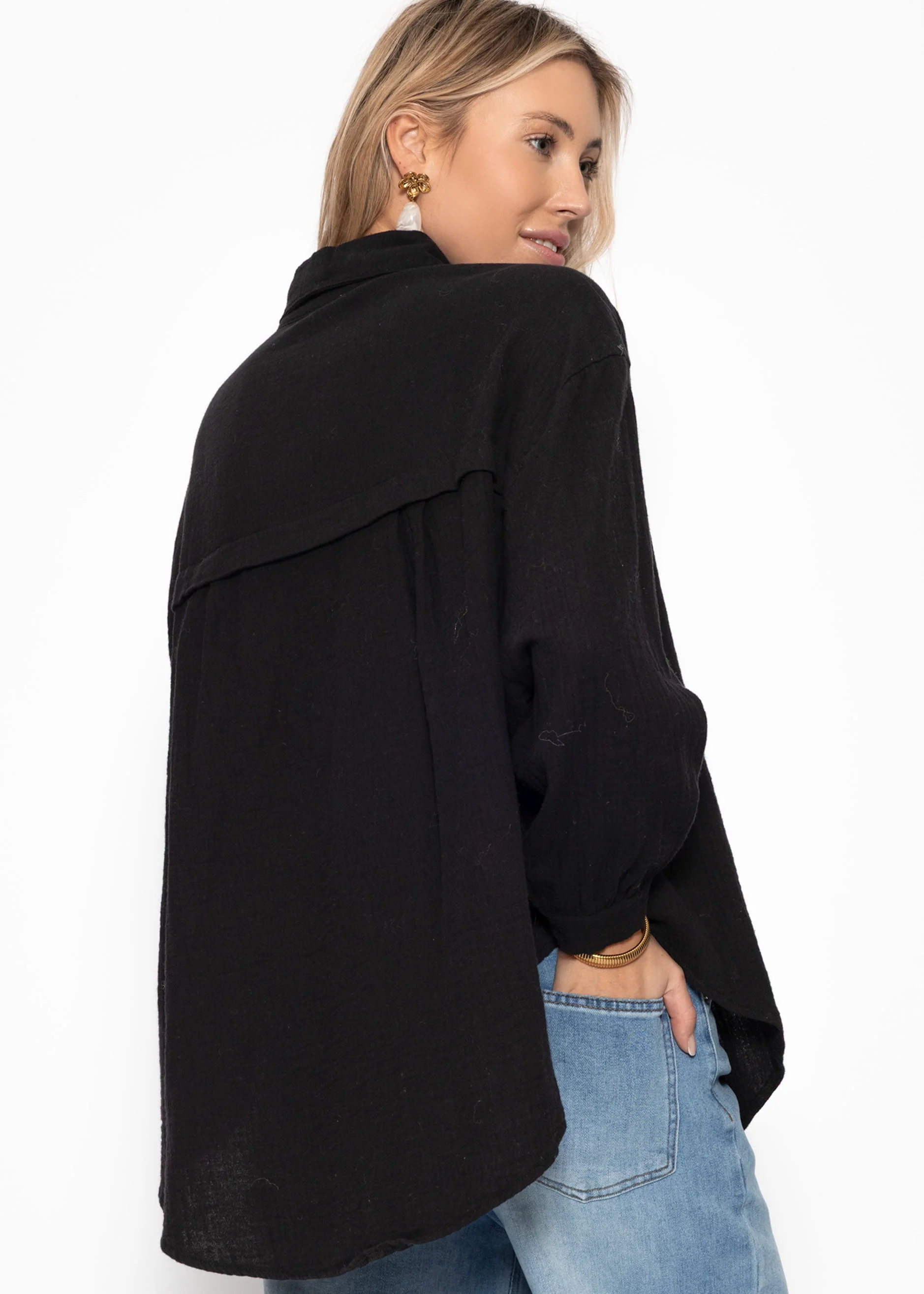 Muslin blouse oversize, short, black - Image 4
