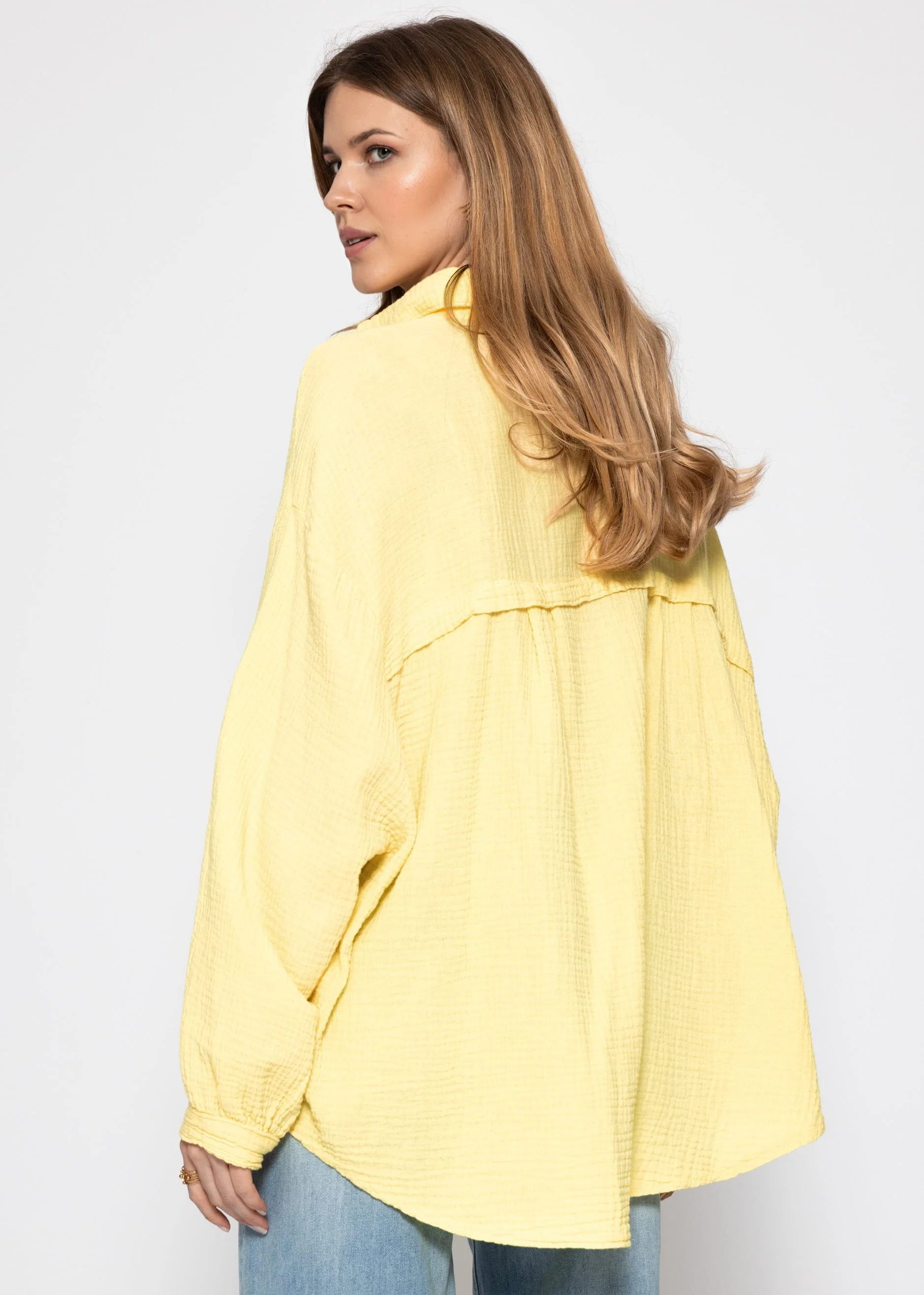 Muslin blouse oversize, short, yellow - Image 3