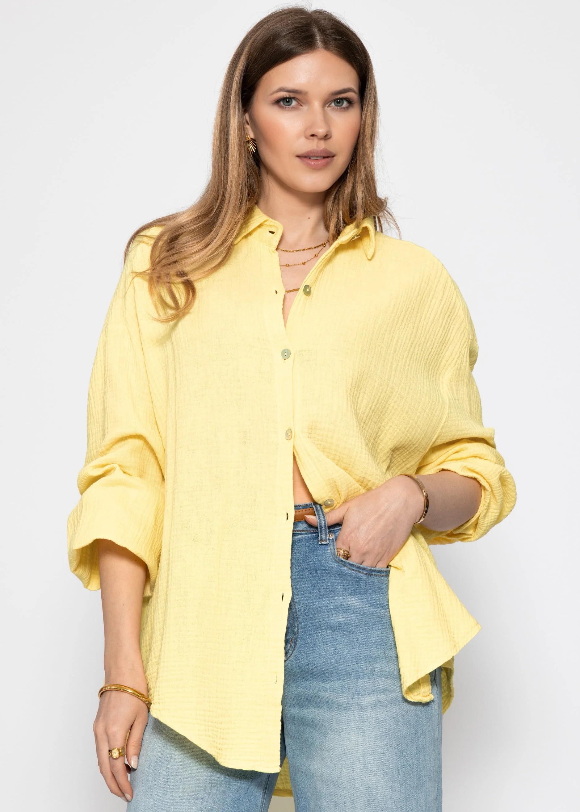 Muslin blouse oversize, short, yellow - Image 4