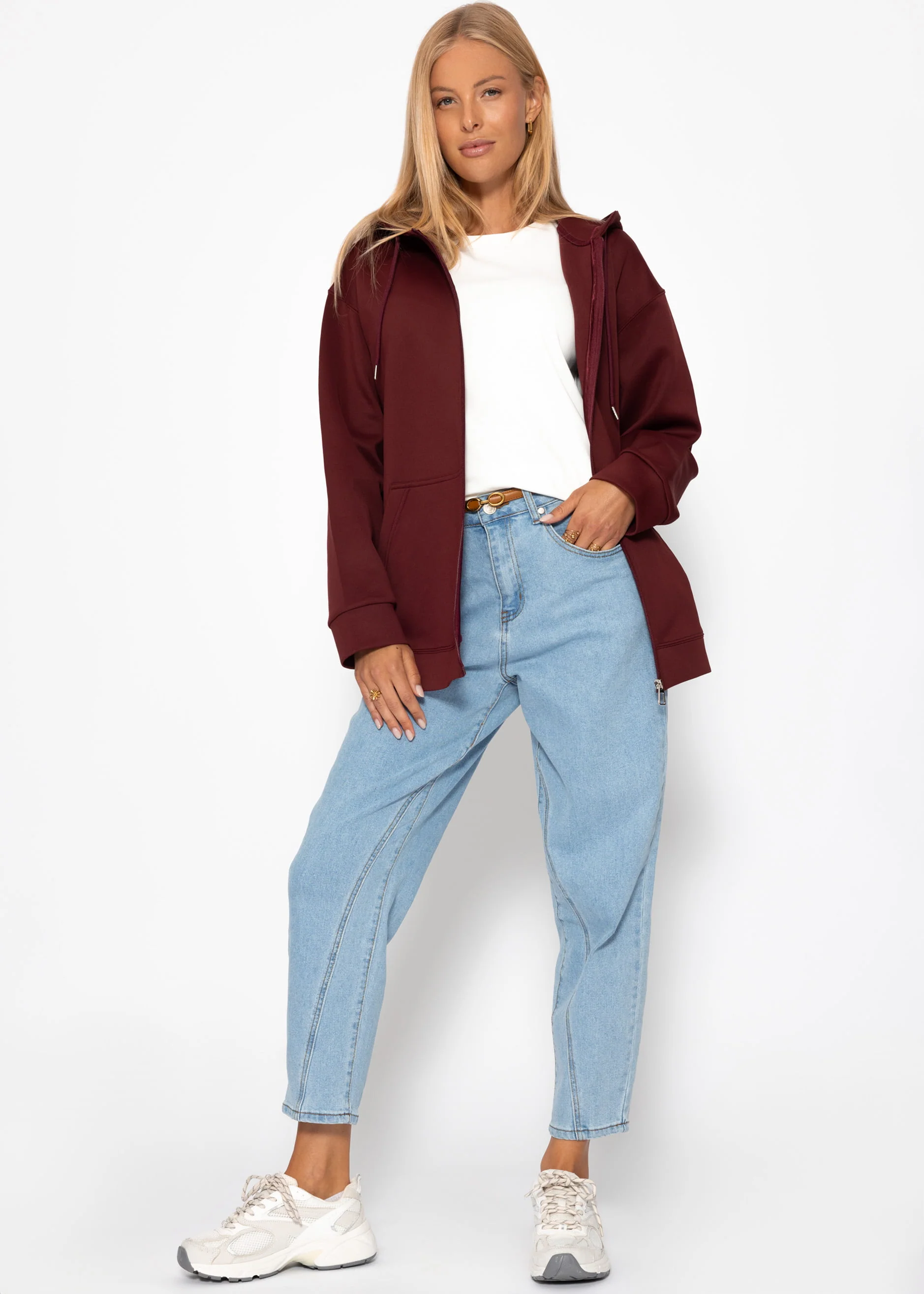 Oversized hooded sweatshirt jacket - burgundy - Image 5