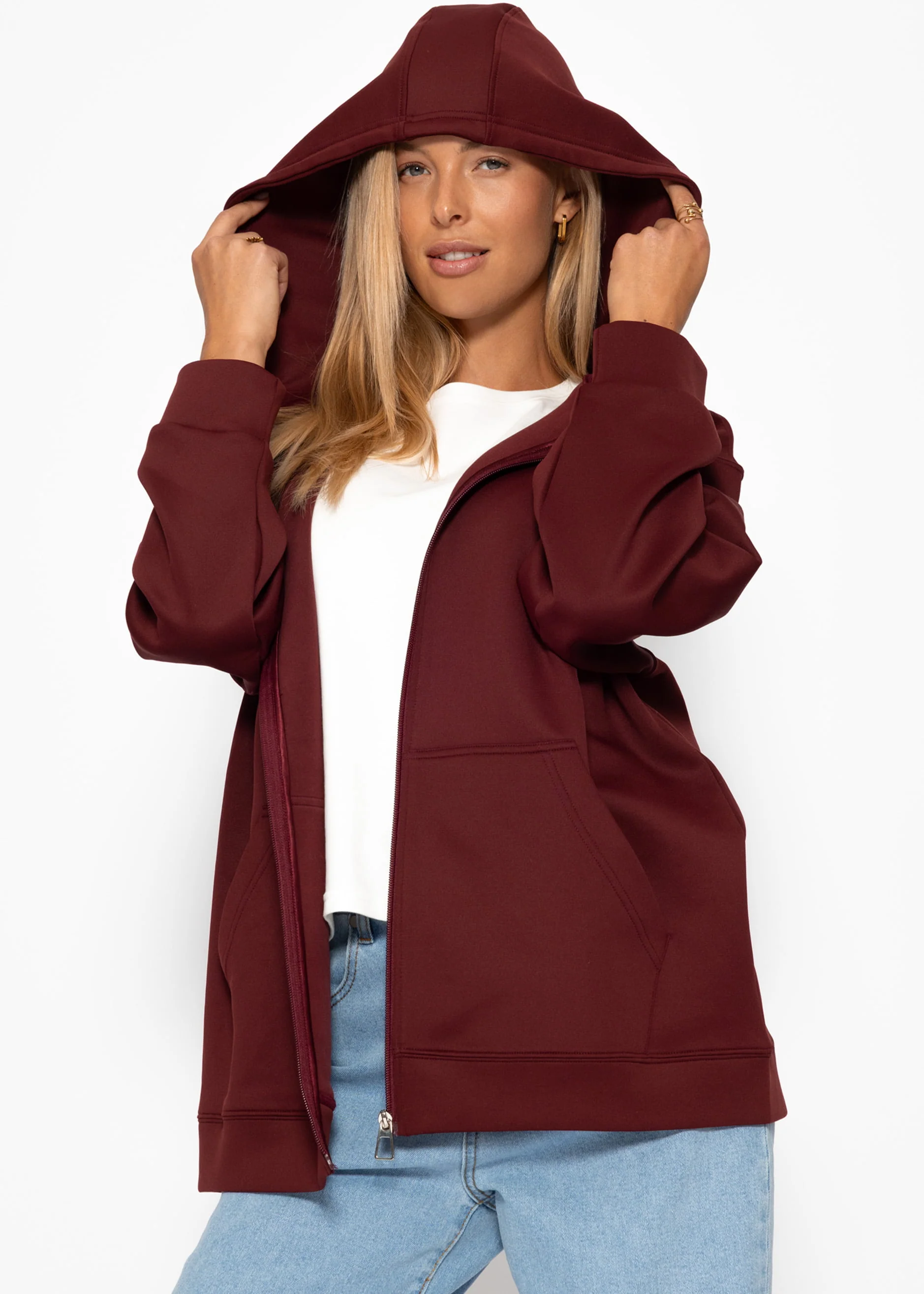 Oversized hooded sweatshirt jacket - burgundy - Image 6