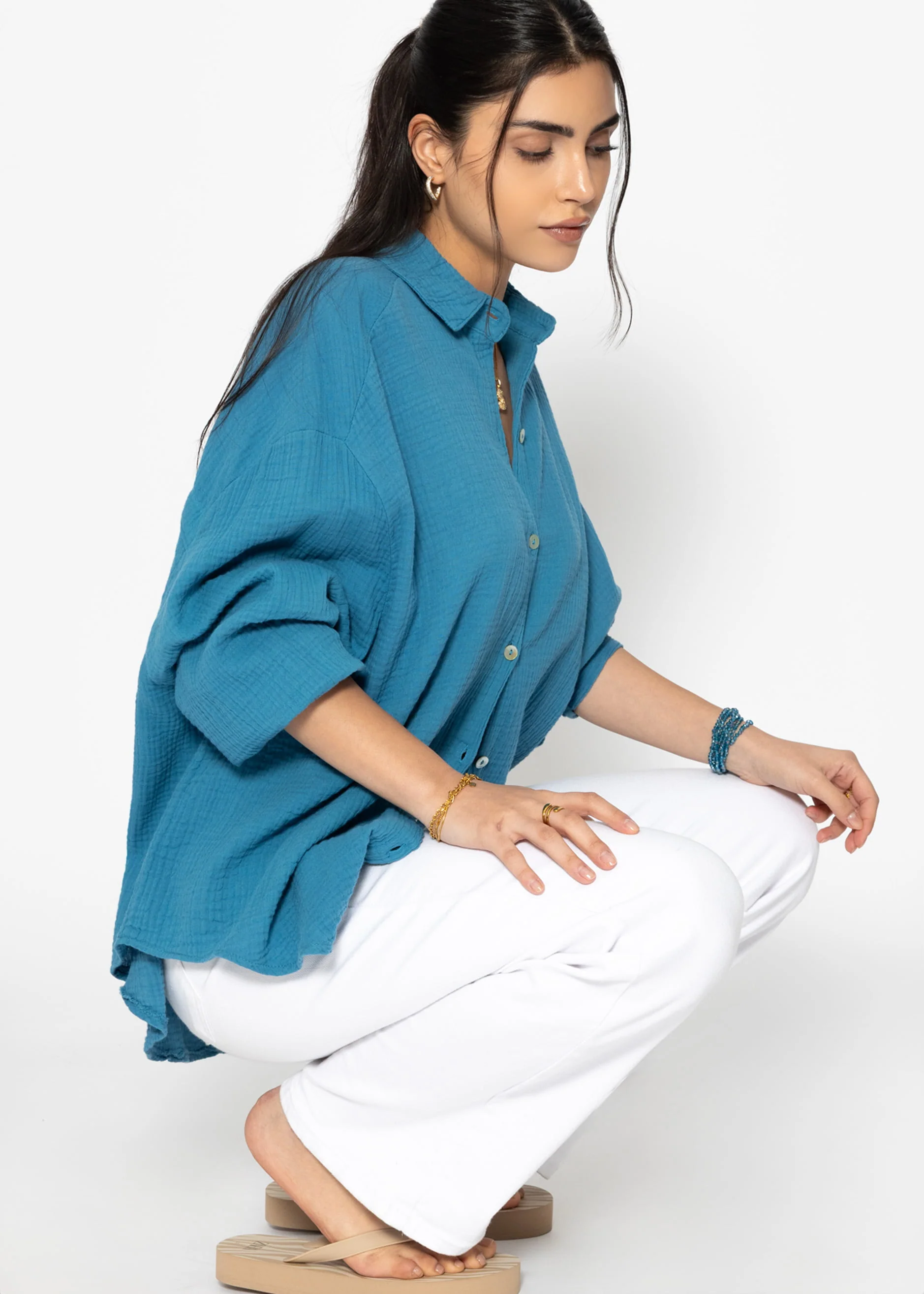 Muslin blouse oversize, short, petrol blue - Image 4