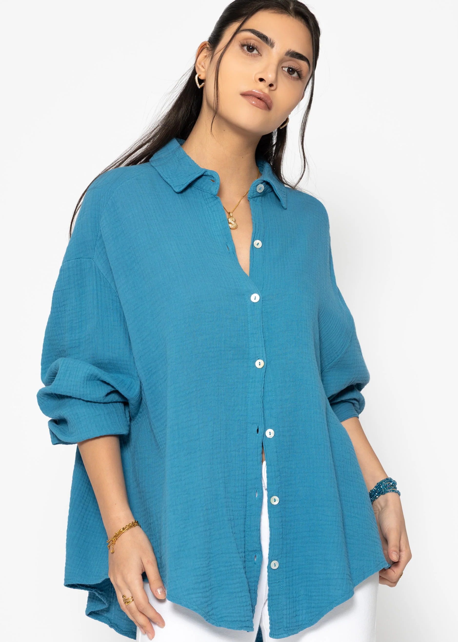 Muslin blouse oversize, short, petrol blue - Image 5