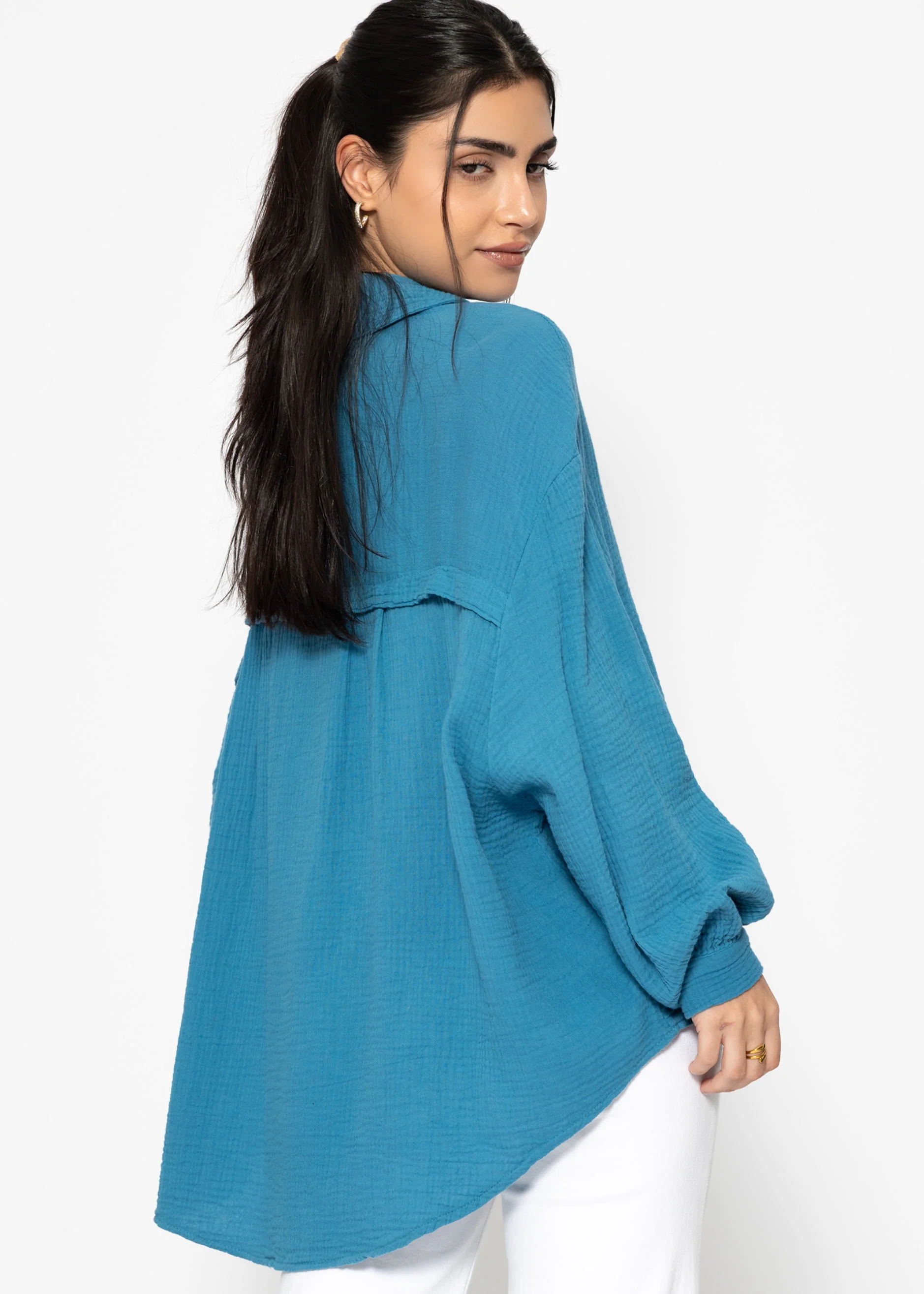 Muslin blouse oversize, short, petrol blue - Image 6