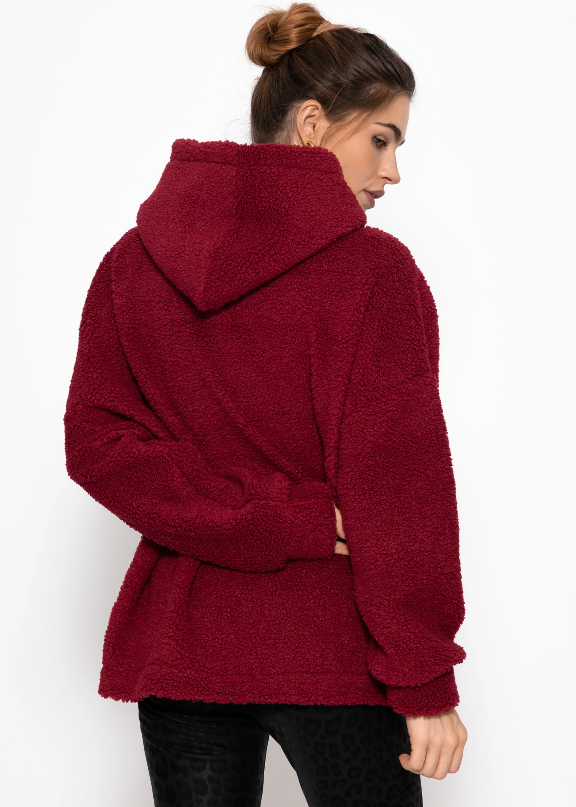 Oversized teddy sweatshirt with hood - wine red - Image 6