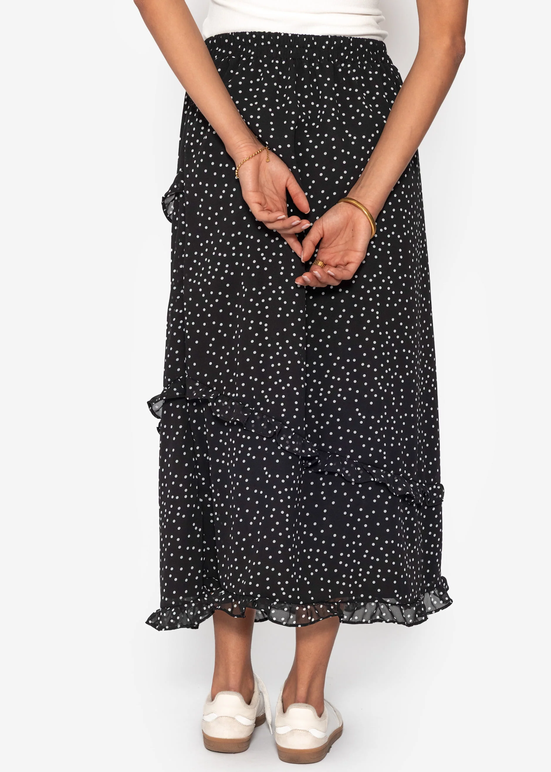 Polka dot long skirt with ruffles - black - Image 3