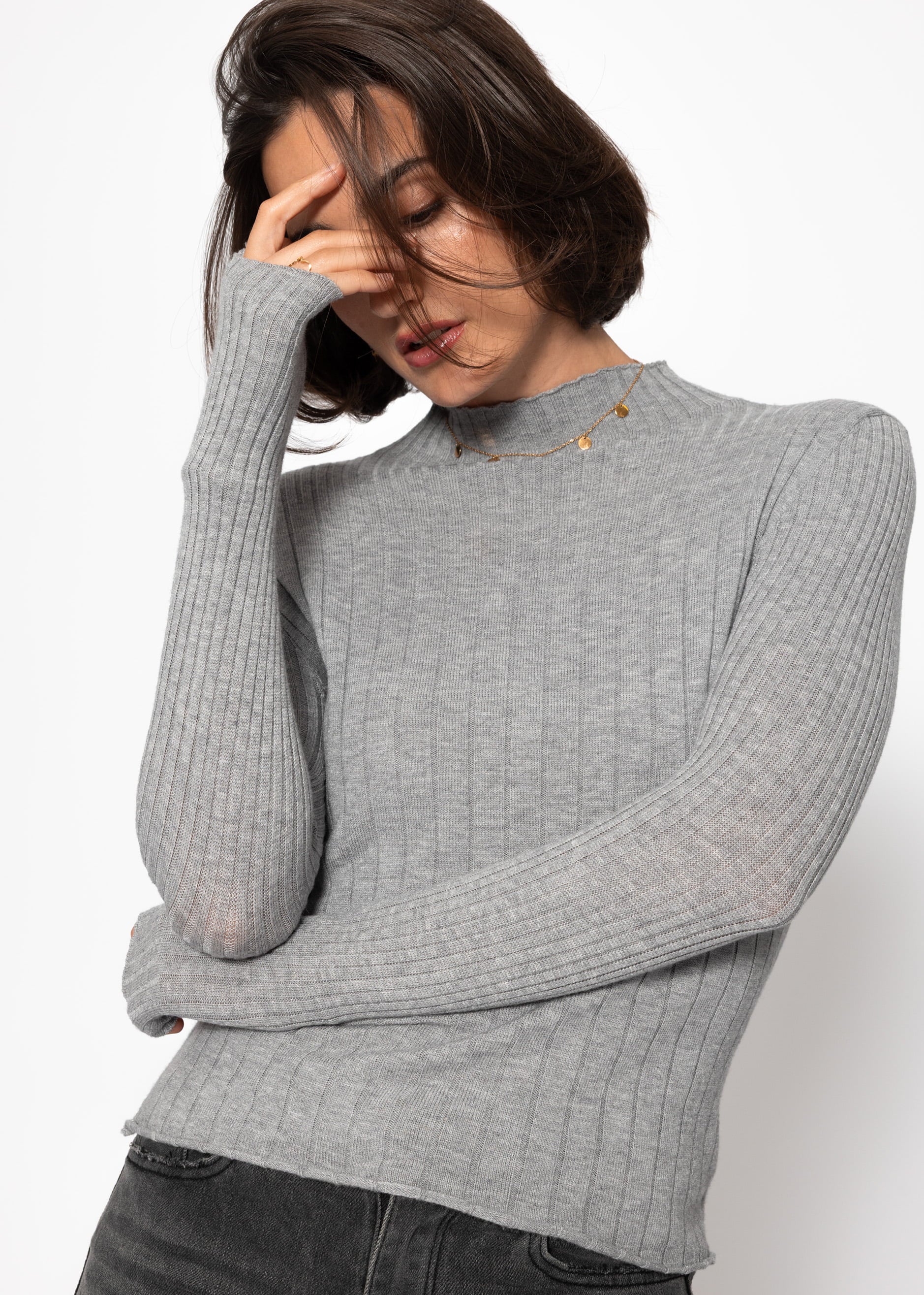 Rib knitting sweater with stand -up collar - gray - Image 8