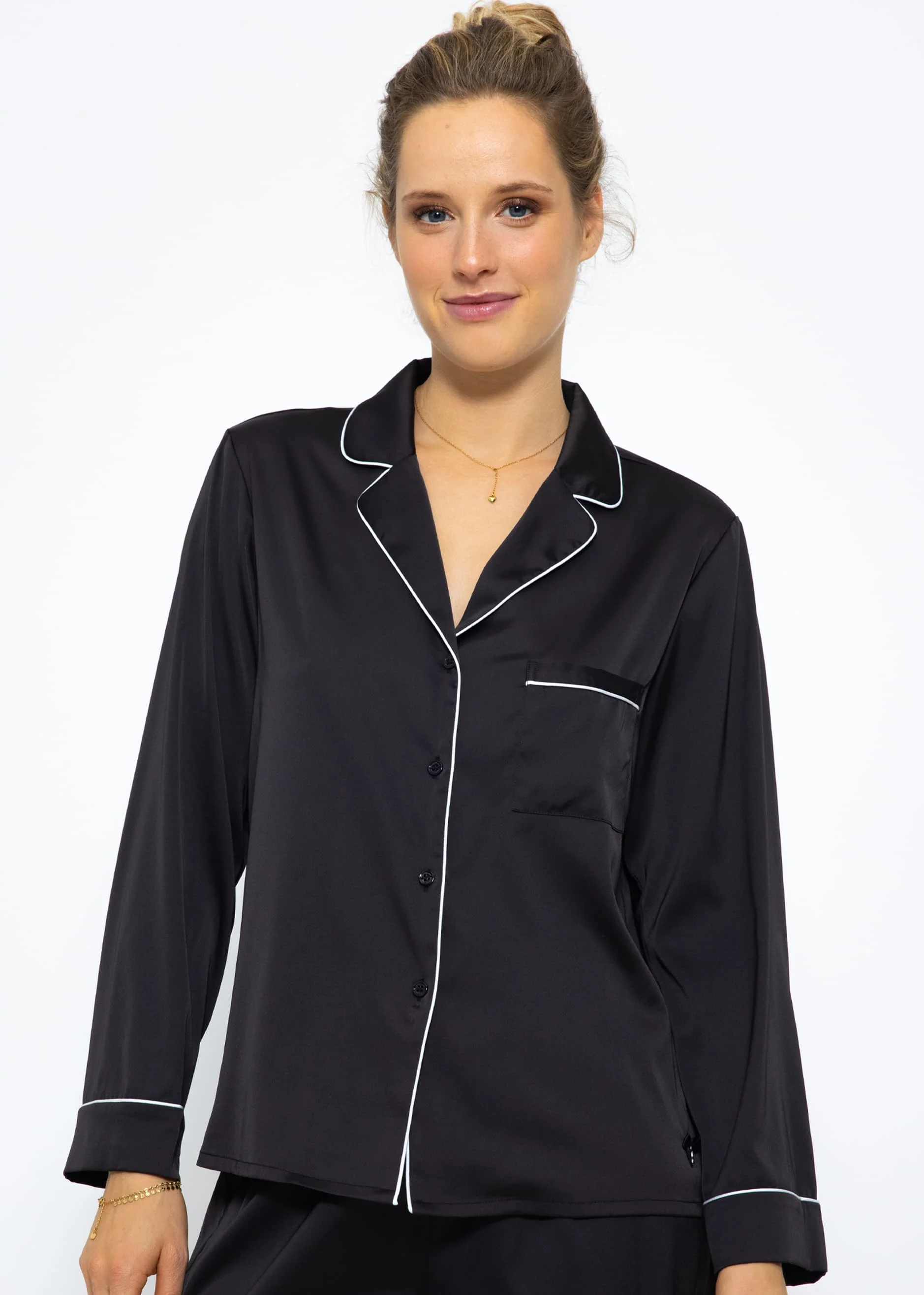 Satin pajama blouse with piping - black - Image 4