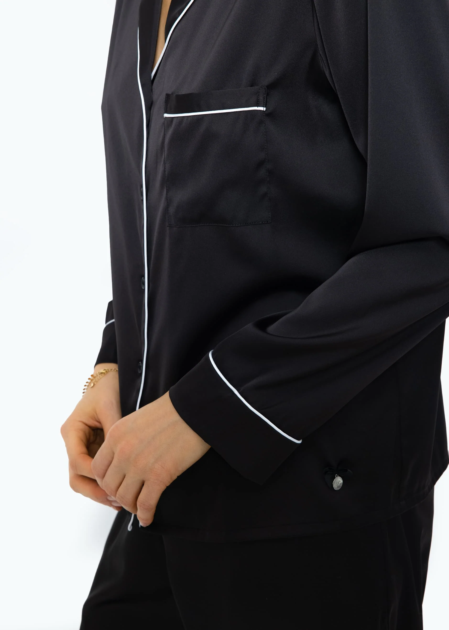 Satin pajama blouse with piping - black - Image 6