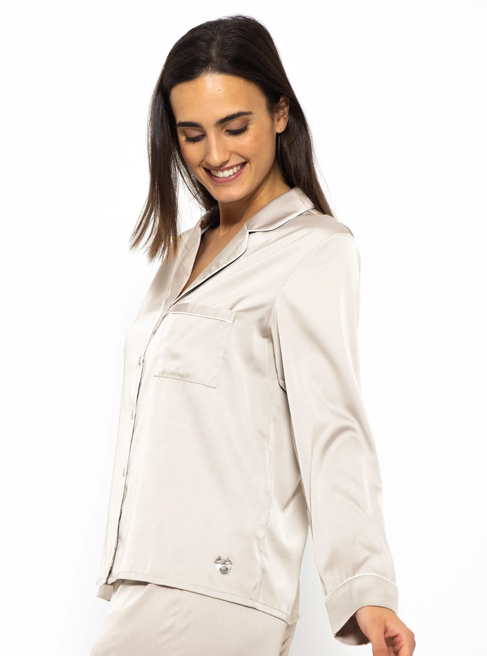 Satin pajama blouse with piping - champagne - Image 6