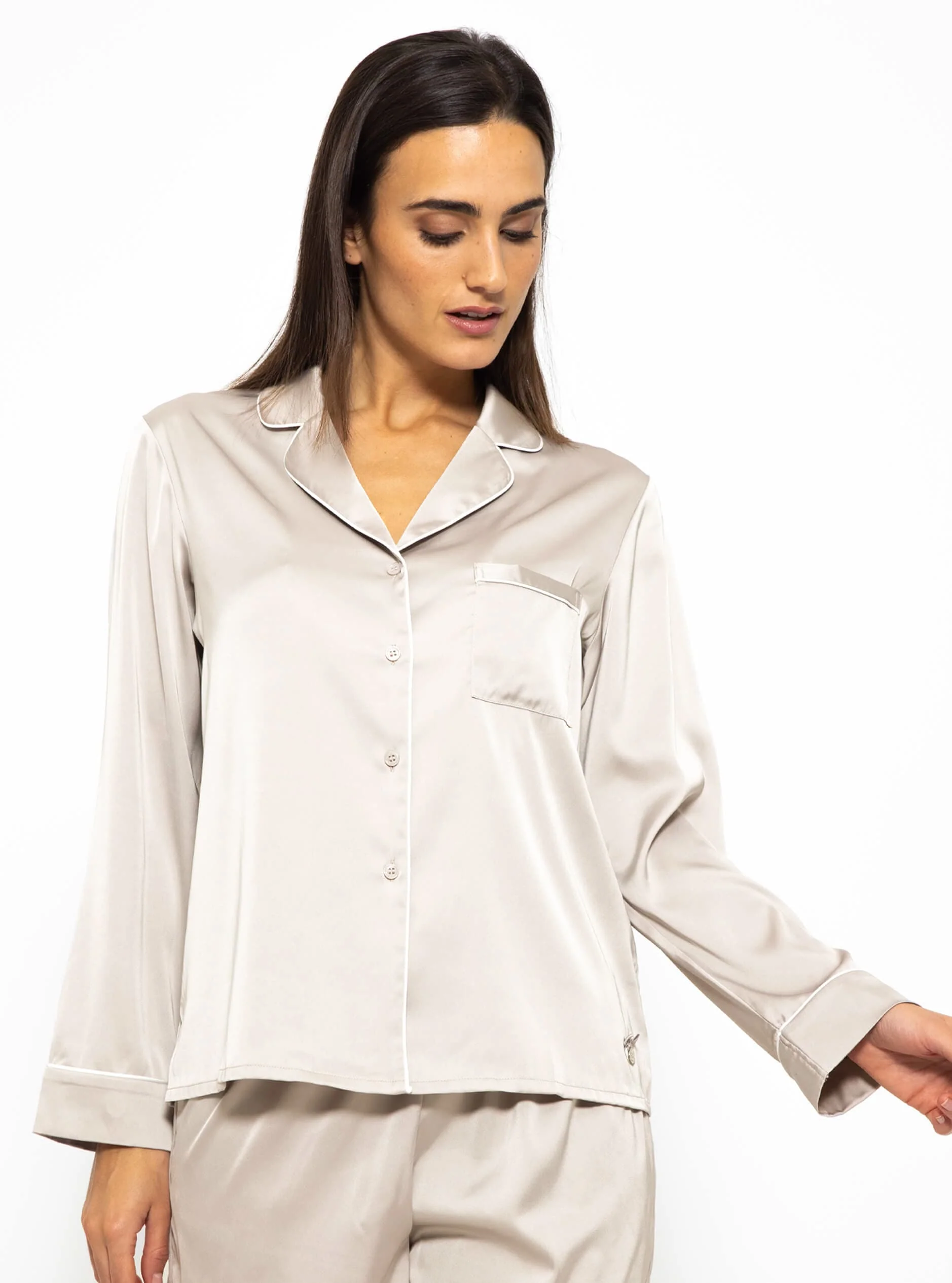Satin pajama blouse with piping - champagne - Image 8