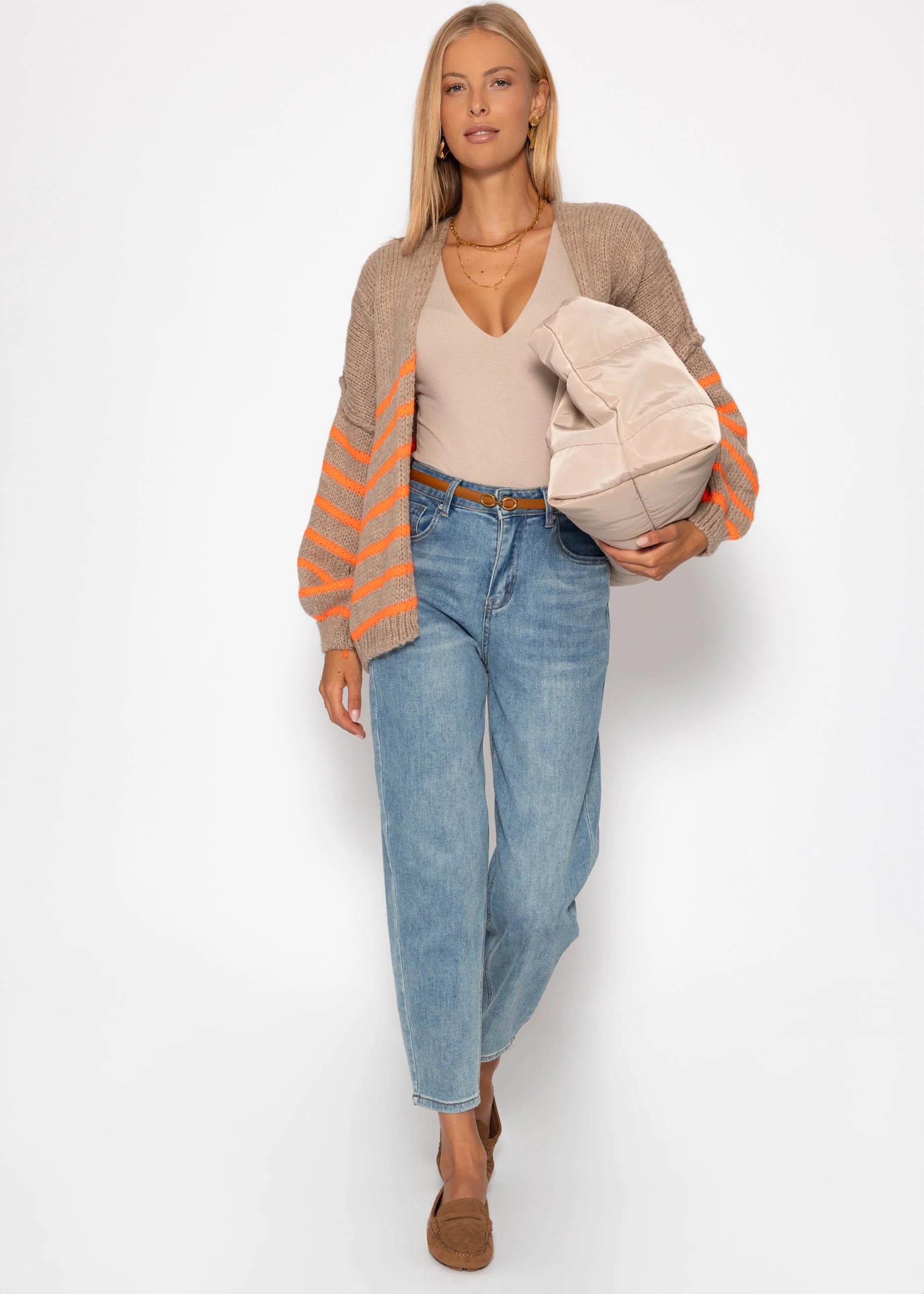 Striped cardigan with outer seams - beige - Image 4
